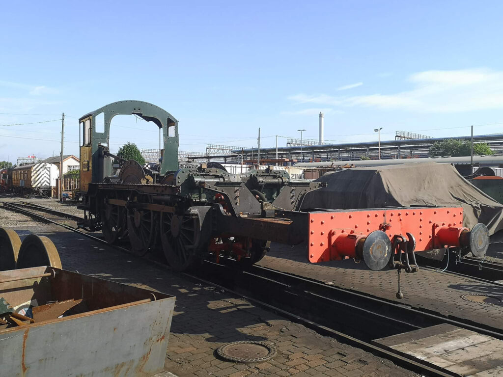 A very bare looking 7802 is seen with boiler, cylinder block and leading bogie removed at Tyseley on 17th May. Areas such as the racking plate which the cylinder block sat upon can now be examined. [Photo: Chris Field]