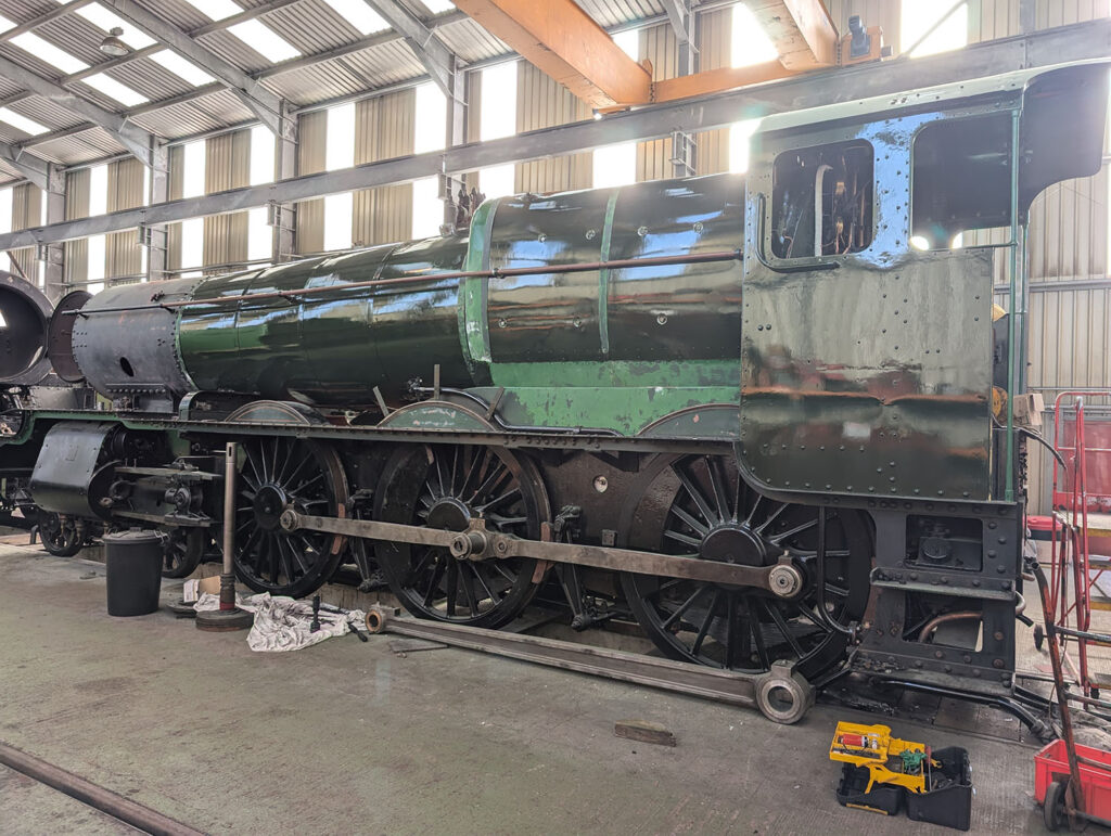 7802 at Tyseley on 14 October 2024, displaying its incomplete first coat of BR green – credit A Hassell